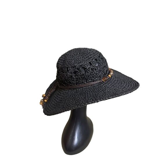 Scala Collection Womens Sun Hat Black Hand Crafted Woven Bead Bow Back One Size - Picture 5 of 8
